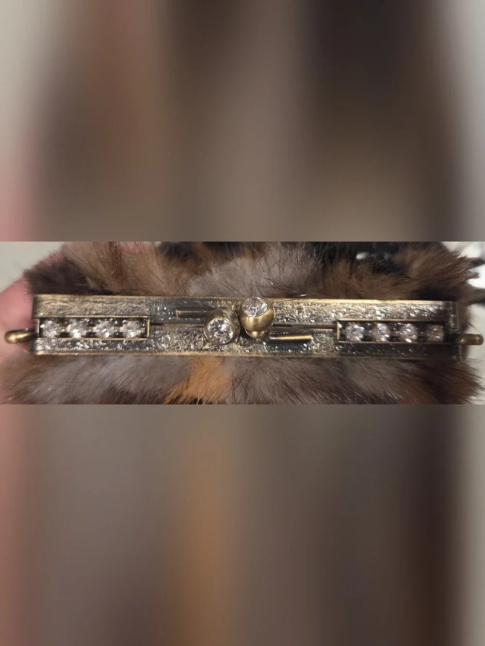 Mary Frances Faux Fur Brown & Black Evening Clutch with Pearl Chain